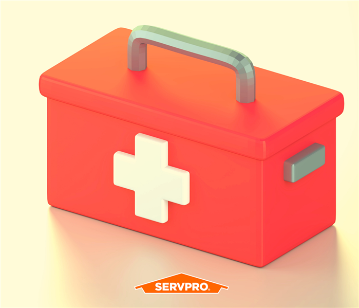 first aid kit, orange with white cross, graphic, orange SERVPRO logo in bottom center, yellow background
